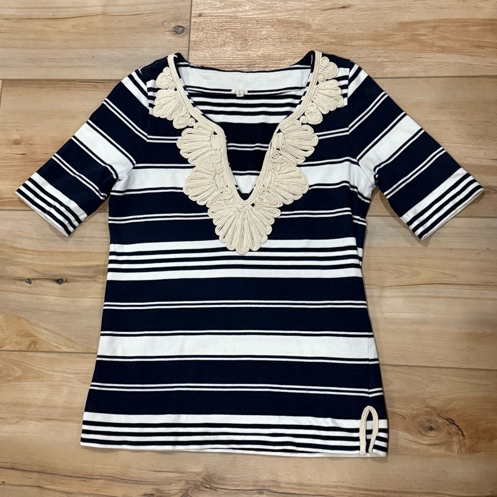 J. Crew Small Navy Cream Striped Shirt Elegant Ribbon-work Neckline EUC
